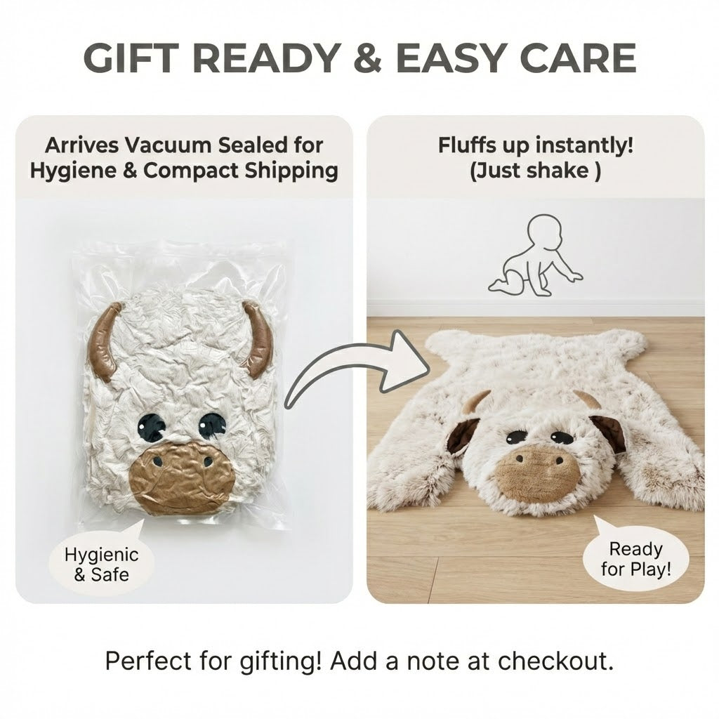 Highland Cow Nursery Rug: Faux Fur Farm Animal Decor