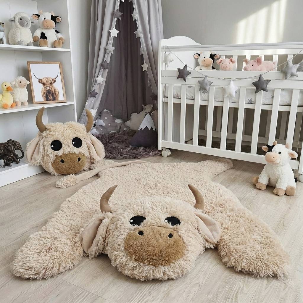 Highland Cow Nursery Rug Beige - DECORLINA